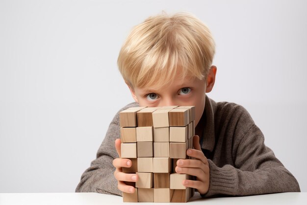 Joven chico rubio caucásico con rompecabezas de madera concepto de salud mental infantil trastorno del espectro del autismo concienciación concepto educación en fondo gris espacio de copia