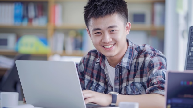 un joven chino feliz está trabajando en una computadora portátil
