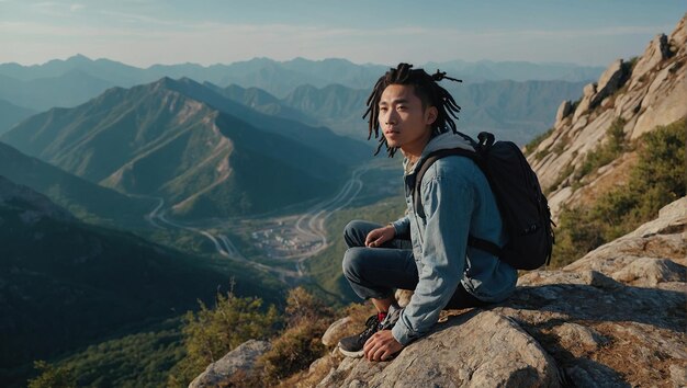 Un joven chino feliz con una mochila turística se encuentra en la cima de una roca en las montañas viaja