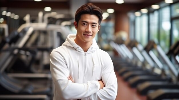 joven chino guapo en ropa deportiva en un club deportivo