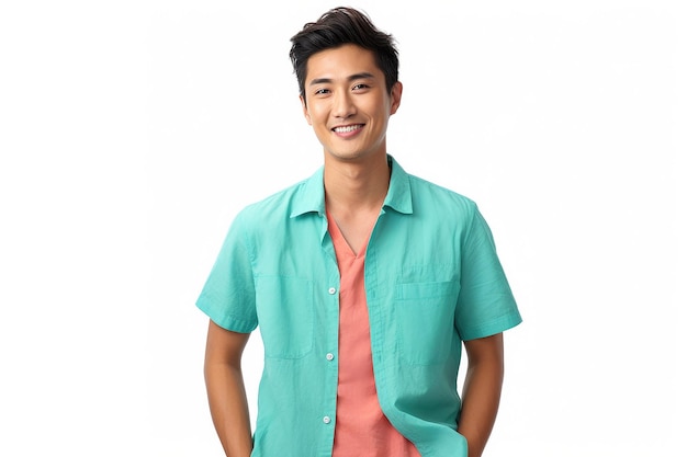 Un joven chino relajado con una camisa de verano de colores frescos sobre un fondo blanco
