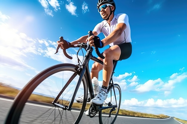 Foto joven ciclista con cuerpo musculoso vestido con camiseta blanca y pantalones cortos negros en bicicleta al aire libre
