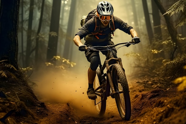 Un joven ciclista con equipo de protección monta una ágil bicicleta de montaña a través de una montaña llena de árboles altos. La superficie de la carretera estaba seca y el polvo estaba claramente esparcido. Se nota que viaja muy rápido.