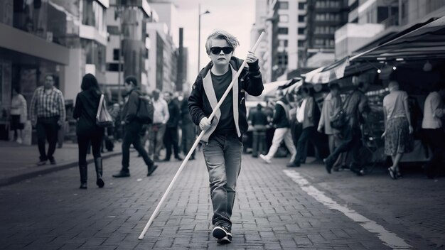 Foto joven ciego con un bastón largo caminando por una ciudad