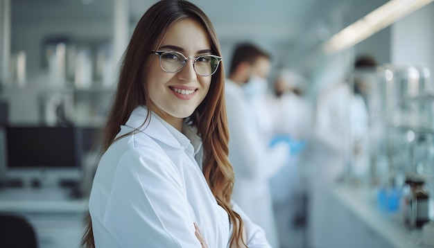 joven científica con abrigo blanco y gafas en el moderno Laboratorio de Ciencias Médicas con el Equipo