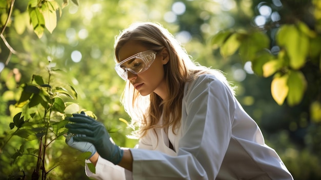 Joven científica ambiental que examina las plantas en el bosque