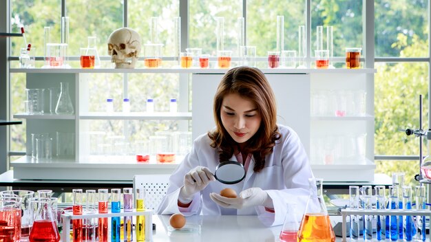 Joven científica asiática con lupa examinando huevo de gallina mientras trabaja en el escritorio con frascos con líquidos coloridos durante la investigación en laboratorio.
