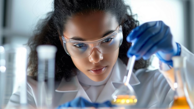 Joven científica con bata de laboratorio y gafas protectoras trabajando con tubos de ensayo y microscopio