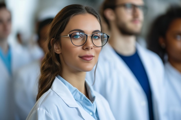 Joven científica con bata de laboratorio y gafas rodeada por un equipo de especialistas