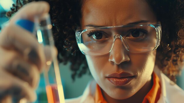 Una joven científica con una bata de laboratorio y gafas de seguridad mira un tubo de ensayo que contiene un misterioso líquido naranja