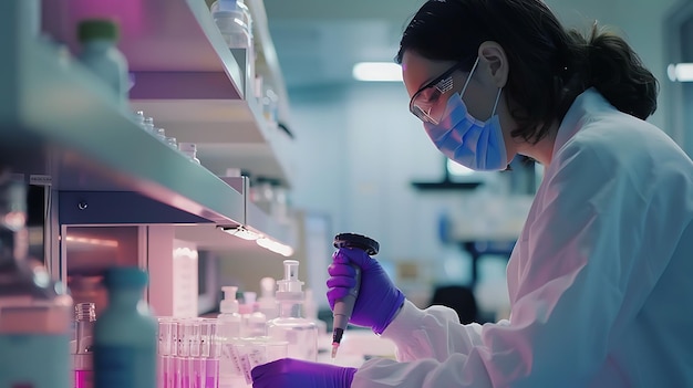 Foto una joven científica con una bata de laboratorio y guantes trabaja en un laboratorio. está usando una pipeta para transferir un líquido a un tubo de ensayo.
