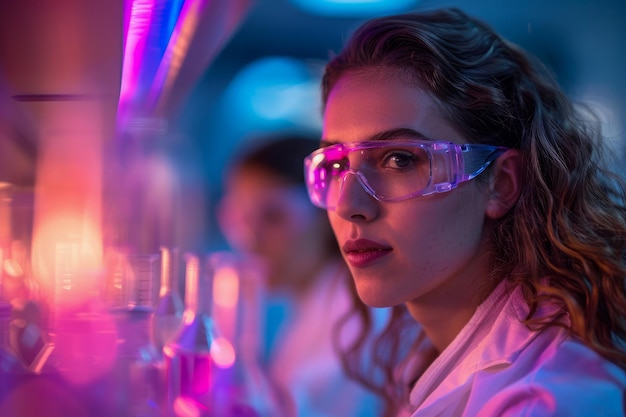 Una joven científica confiada trabaja en un laboratorio moderno con luces de colores y química