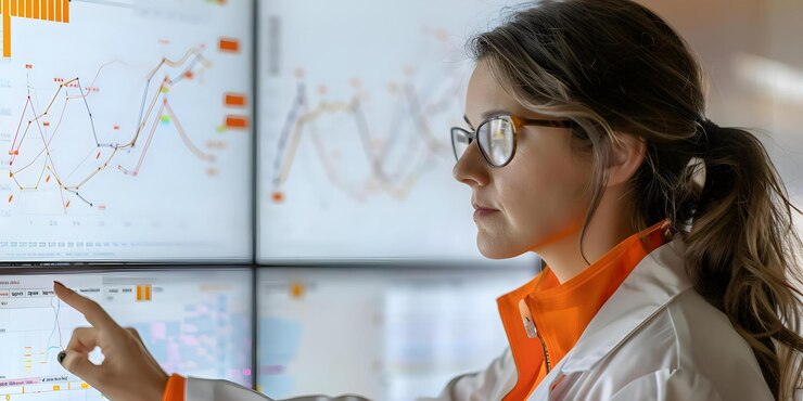 Foto joven científica de datos analizando informes de gestión de riesgos en una gran pantalla digital concepto ciencia de datos análisis de informes de administración de riesgos tecnología digital profesional femenina