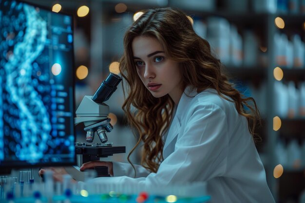 Foto joven científica con gafas trabajando en computadora con microscopio en el laboratorio