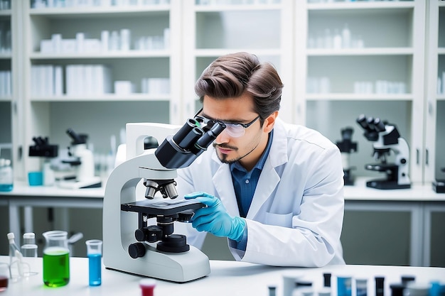 Joven científico mirando a través de un microscopio en un laboratorio