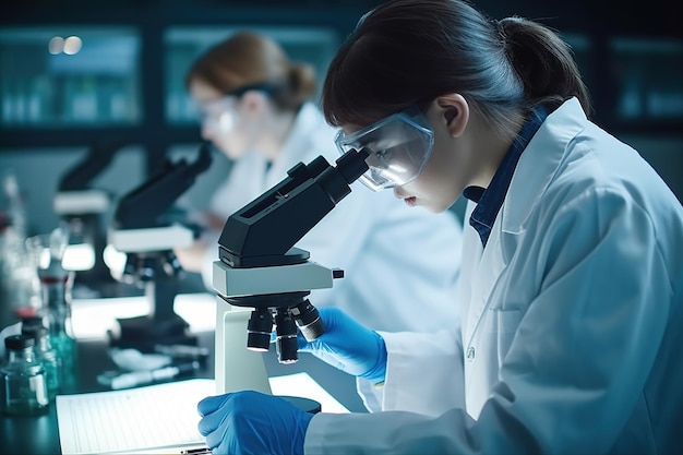 Joven científico mirando a través de un microscopio en un laboratorio