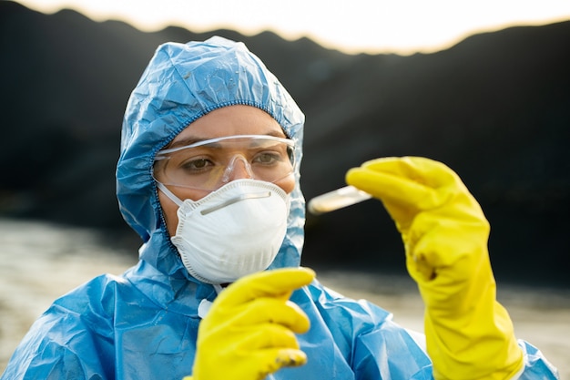 Joven científico o investigador en ropa de trabajo protectora mirando una muestra de suelo tóxico o agua en un matraz mientras lo sostiene frente a su cara