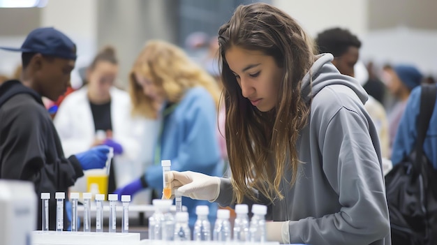 Un joven científico pensativo con una sudadera gris trabaja en un laboratorio.