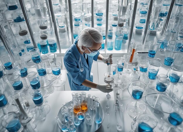 Foto joven científico que trabaja en un laboratorio trabajador de laboratorio que fabrica tubos de ensayo joven científico que
