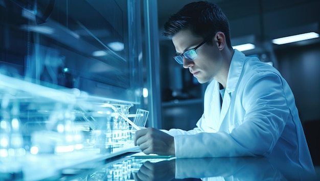 Foto joven científico trabajando en laboratorio