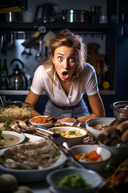 joven en la cocina horrorizada e histérica