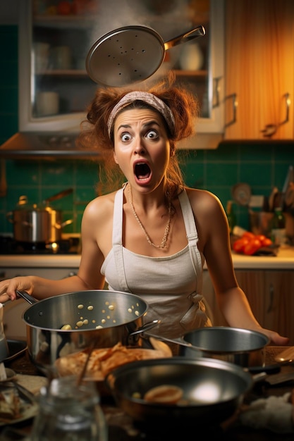 joven en la cocina horrorizada e histérica