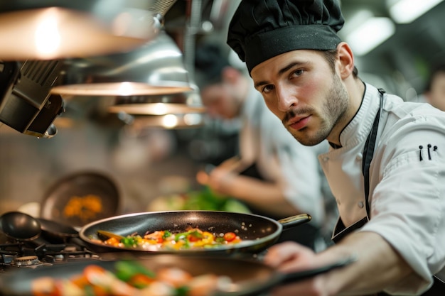 Foto un joven cocinero está cocinando en la cocina de un restaurante.