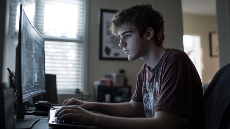 Foto joven codificando en casa durante las horas de la noche con expresión enfocada