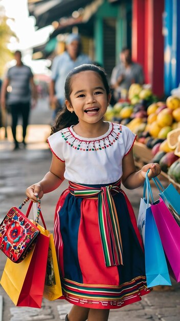 Una joven colombiana con bolsas de compras y una sonrisa.