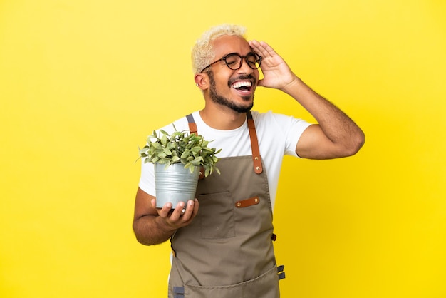 Joven colombiano sosteniendo una planta aislada sobre fondo amarillo sonriendo mucho