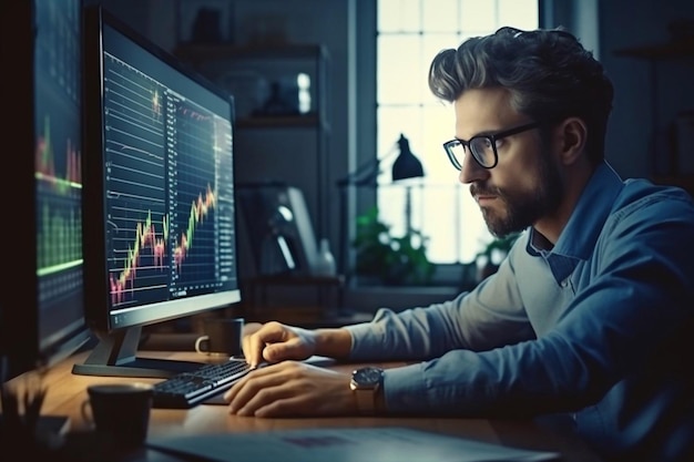 Joven comerciante masculino en el concepto de trabajo de oficina sentado mirando a un lado alegre IA generativa