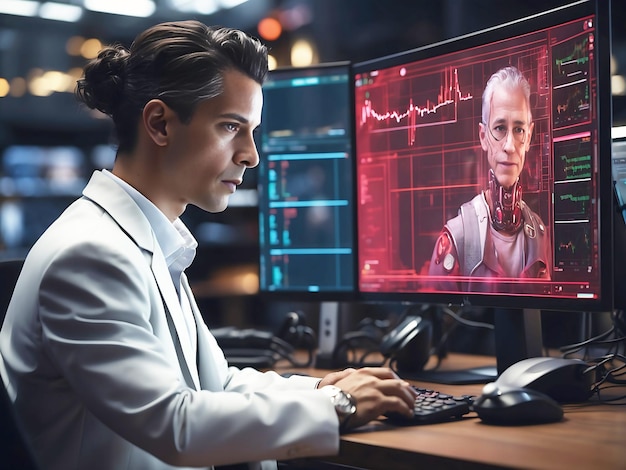 Un joven comerciante en la pantalla generada por la IA