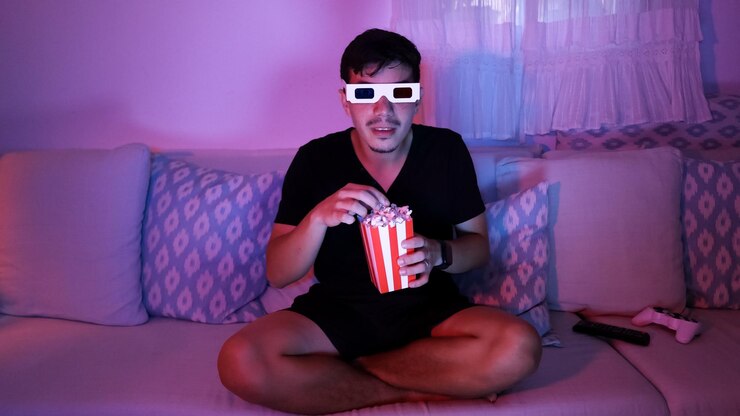 Un joven comiendo palomitas de maíz con gafas 3D