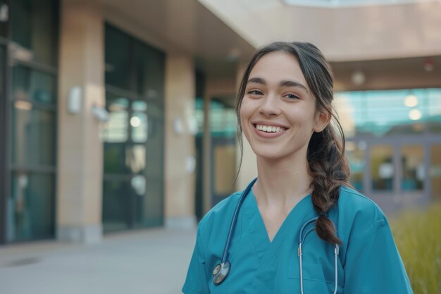 Una joven comienza su residencia médica en el hospital universitario sonriendo.