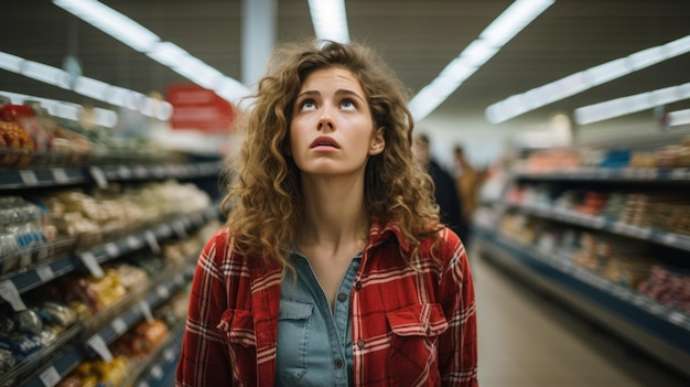 Foto una joven está comprando en el supermercado y está preocupada por el aumento de los precios de los alimentos.