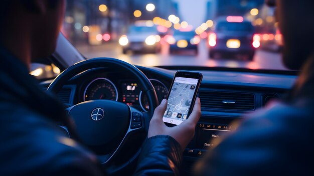 Un joven conductor usando una aplicación de navegación en su teléfono inteligente