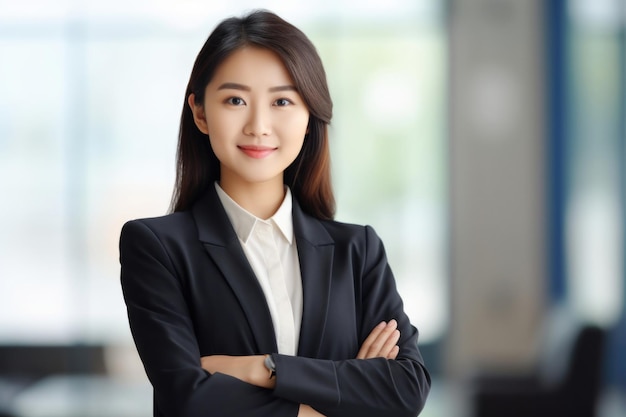 Joven confiada sonriente mujer de negocios asiática líder empresario exitoso profesional elegante