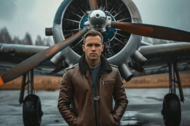 Foto un joven confiado con una chaqueta de cuero de pie frente a un avión de época