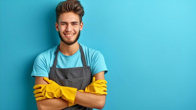 Un joven confiado listo para limpiar la casa