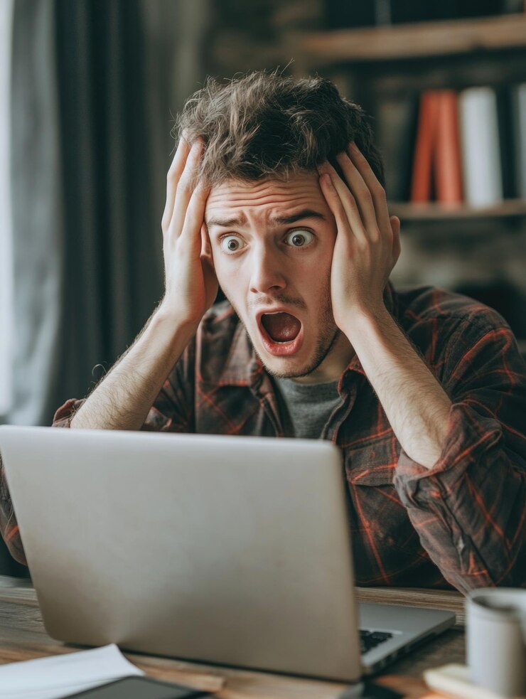 Un joven conmocionado o sorprendido mirando su portátil