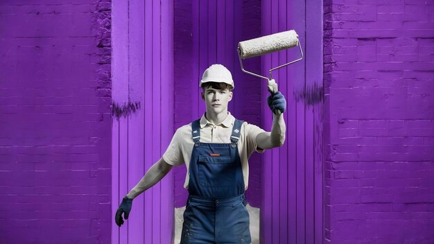 Joven constructor de sexo masculino vestido con uniforme sosteniendo un pincel de rodillos con un cepillo de pintura aislado en la pared púrpura