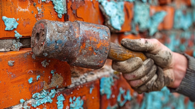 Foto un joven constructor sucio golpea su dedo en una pared de ladrillo durante las reparaciones de la casa mientras sostiene un martillo