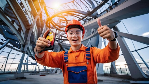 Foto joven constructor en uniforme de construcción sosteniendo un teléfono inteligente mostrando los pulgares hacia arriba sonriendo