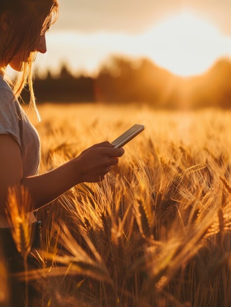 Una joven contemplativa sostiene un teléfono inteligente en un vasto campo de trigo bañado en la suave luz de un sol poniente que evoca paz y armonía