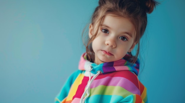 Una joven contemplativa con una sudadera con capucha colorida posando contra un fondo azul