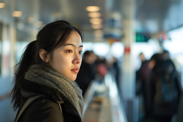 Una joven contemplativa en la terminal del ferry con los pasajeros