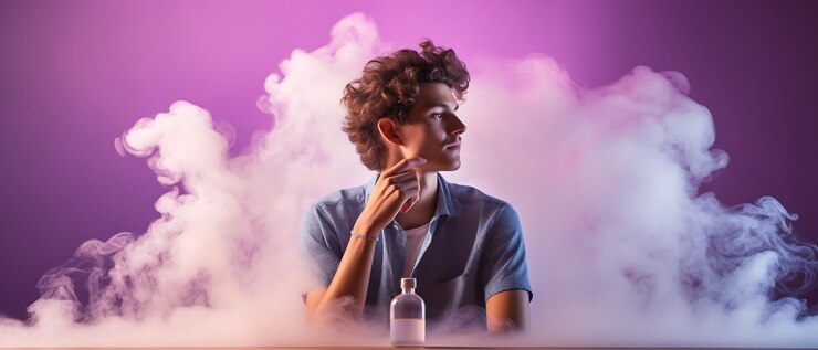 Un joven contemplativo rodeado de humo y luz suave