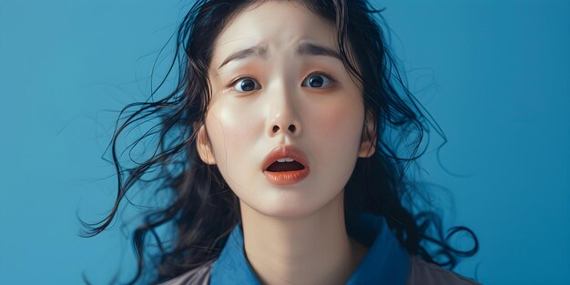 Una joven coreana con piel radiante que se ve sorprendida en un fondo azul Fotografía de retrato conceptual KBeauty Inspiración Expresión sorprendida Piel radiante Fondo azul