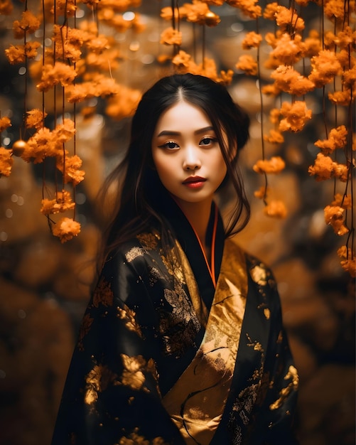 Una joven coreana con un vestido tradicional de pie en medio de flores de cerezo silvestres, generadas por la IA.