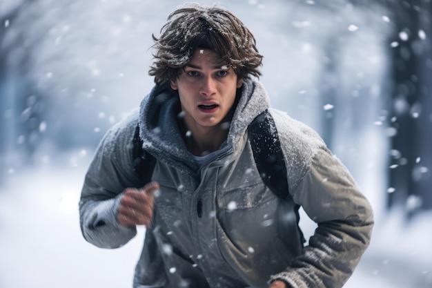 Un joven corre con energía a través de un paisaje nevado abrazando el clima invernal Un joven corre en el clima nevado invernal Generado por IA